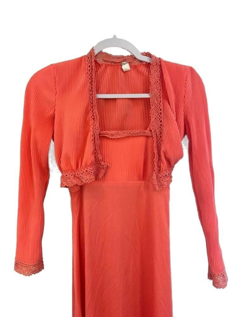 Vintage 1970s Pleated Maxi Dress with Matching Bolero Jacket Coral